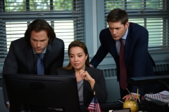 Supernatural -- "Atomic Monsters" -- Image Number: SN1501b_0258r.jpg -- Pictured (L-R): Jared Padalecki as Sam, Alison Araya as Vice Principal Bailey and Jared Padalecki as Sam -- Photo: Diyah Pera/The CW -- © 2019 The CW Network, LLC. All Rights Reserved.