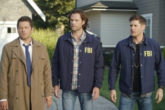 Supernatural -- "Raising Hell" -- Image Number: SN1503A_0285b.jpg -- Pictured (L-R): Misha Collins as Castiel, Jared Padalecki as Sam and Jensen Ackles as Dean -- Photo: Colin Bentley/The CW -- © 2019 The CW Network, LLC. All Rights Reserved.