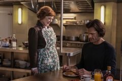 Supernatural -- "Last Holiday" -- Image Number: SN1514A_0163r.jpg -- Pictured (L-R): Meagen Fay as Mrs. Butters and Jared Padalecki as Sam -- Photo: Colin Bentley/The CW -- © 2020 The CW Network, LLC. All Rights Reserved.