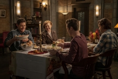 Supernatural -- "Last Holiday" -- Image Number: SN1514B_0057r.jpg -- Pictured (L-R): Jensen Ackles as Dean, Meagen Fay as Mrs. Butters, Alexander Calvert as Jack and Jared Padalecki as Sam -- Photo: Colin Bentley/The CW -- © 2020 The CW Network, LLC. All Rights Reserved.