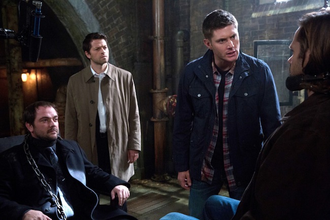 Supernatural -- "Road Trip" -- Image SN910b_0431 -- Pictured (L-R): Mark Sheppard as Crowley, Misha Collins as Castiel, Jensen Ackles as Dean, and Jared Padalecki as Sam -- Credit: Jack Rowand/The CW --  &copy; 2014 The CW Network, LLC. All Rights Reserved