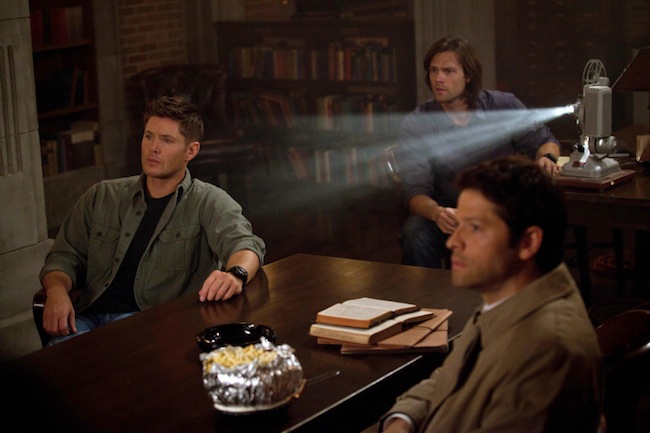 Supernatural -- "Clip Show"-- Image SN822a_0244 -- Pictured (L-R): Jensen Ackles as Dean, Jared Padalecki as Sam, and Misha Collins as Castiel -- Credit: Diyah Pera/The CW --  © 2013 The CW Network. All Rights Reserved