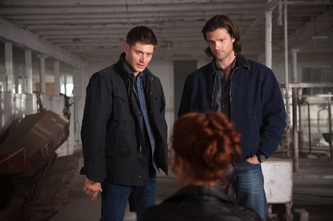 Supernatural -- "Clip Show"-- Image SN822b_0249 -- Pictured (L-R): Jensen Ackles as Dean, Alaina Huffman as Abbadon and Jared Padalecki as Sam -- Credit: Diyah Pera/The CW --  © 2013 The CW Network. All Rights Reserved