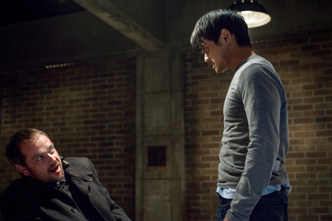 Supernatural -- "Devil May Care" -- Image SN901a_ 0361 â€&ldquo; Pictured (L-R): Mark Sheppard as Crowley and Osric Chau as Kevin -- Credit: Liane Hentscher/The CW --  &copy; 2013 The CW Network. All Rights Reserved