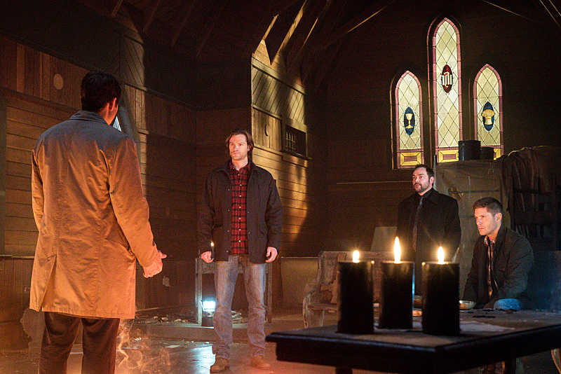 Supernatural -- "Hell's Angel" -- ImageSN1118A_0284.jpg -- Pictured (L-R): Misha Collins as Castiel, Jared Padalecki as Sam, Mark Sheppard as Crowley and Jensen Ackles as Dean -- Photo: Liane Hentscher /The CW -- ÃÂ© 2016 The CW Network, LLC. All Rights Reserved