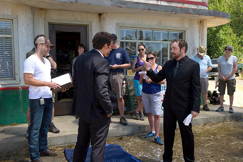 Supernatural -- "Soul Survivor" -- Image SN1001b_BTS_0058 -- Pictured (L-R):: Behind the scenes with Director Jensen Ackles, Misha Collins as Castiel, and Mark Sheppard as Crowley -- Credit: Diyah Pera/The CW --  ÃÂ© 2014 The CW Network, LLC. All Rights Reserved